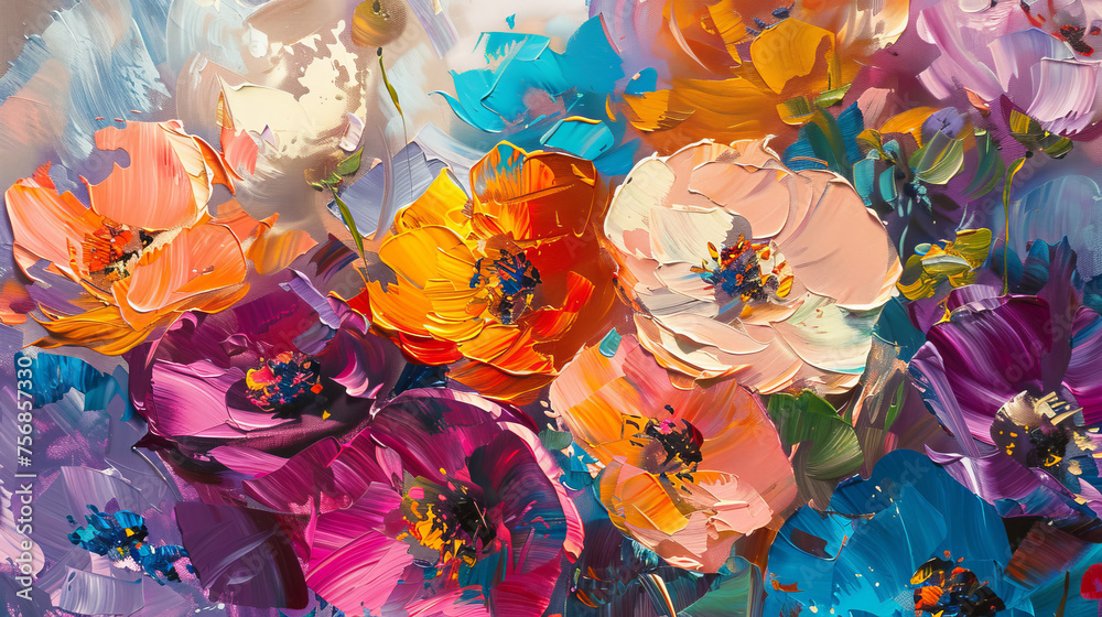 An expressive floral oil painting filled with bold, vivid colors and dynamic brushstrokes creating a lively bouquet