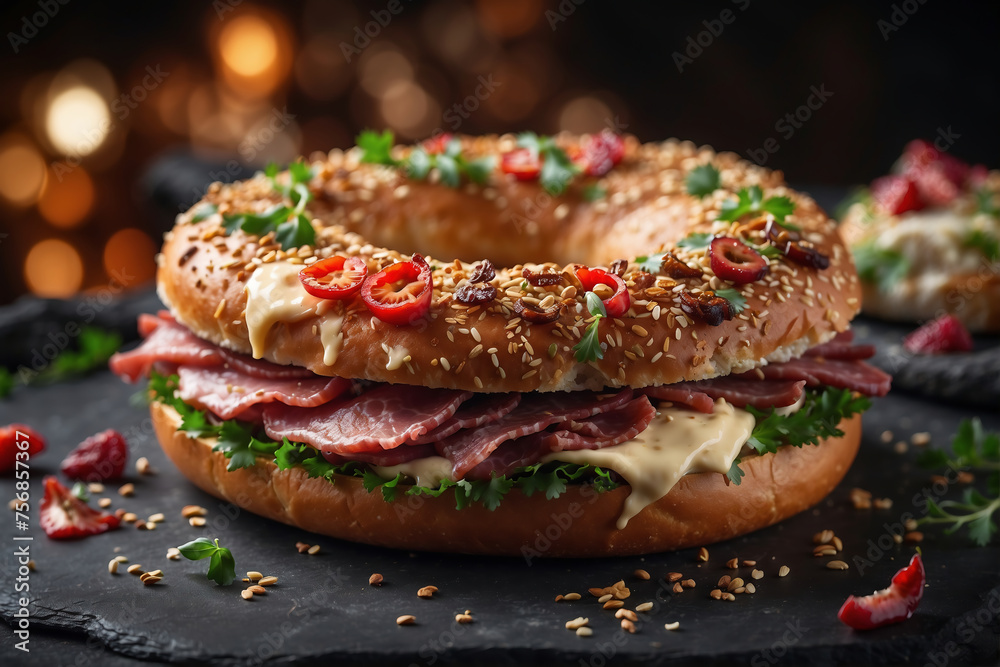 Obraz premium Aromatischer Pastrami-Bagel mit Sesam und frischen Kräutern