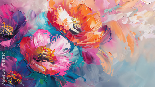 A close-up of a textured painting showcasing a bouquet of colorful flowers with pastel background