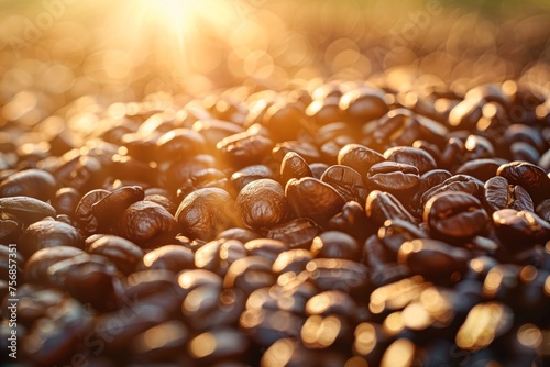 Sunlit Coffee Beans with Golden Bokeh Effect. Close-up of roasted coffee beans bathed in sunlight, featuring a warm golden bokeh background, highlighting the texture and aroma of the beans.