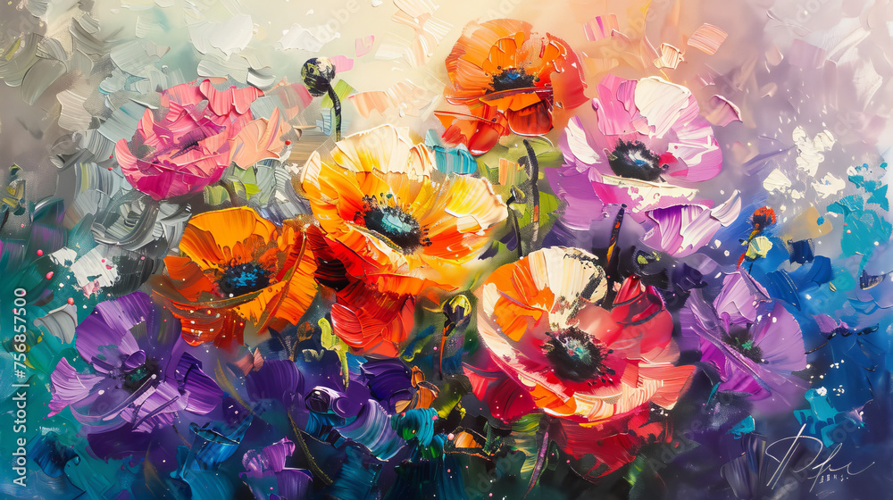A bold and impressionistic oil painting featuring poppies with sweeping brushstrokes and rich colors