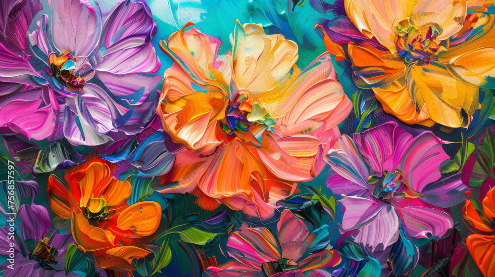 A close-up of energetic, colorful strokes conjuring abstract flowers captures the essence of vitality and the beauty of nature
