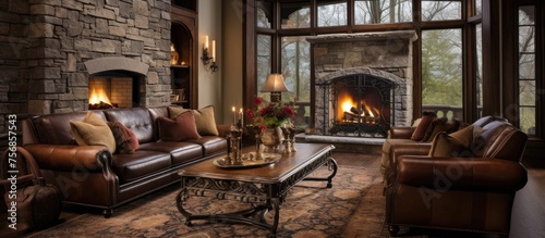 Elegant living room featuring a stone fireplace, leather sofas, cherry hardwood, and a quality rug. © Lasvu