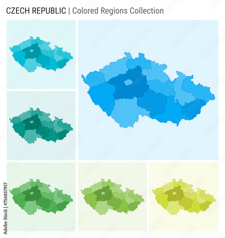 Czech Republic map collection. Country shape with colored regions. Light Blue, Cyan, Teal, Green, Light Green, Lime color palettes. Border of Czech Republic with provinces for your infographic. - obrazy, fototapety, plakaty 
