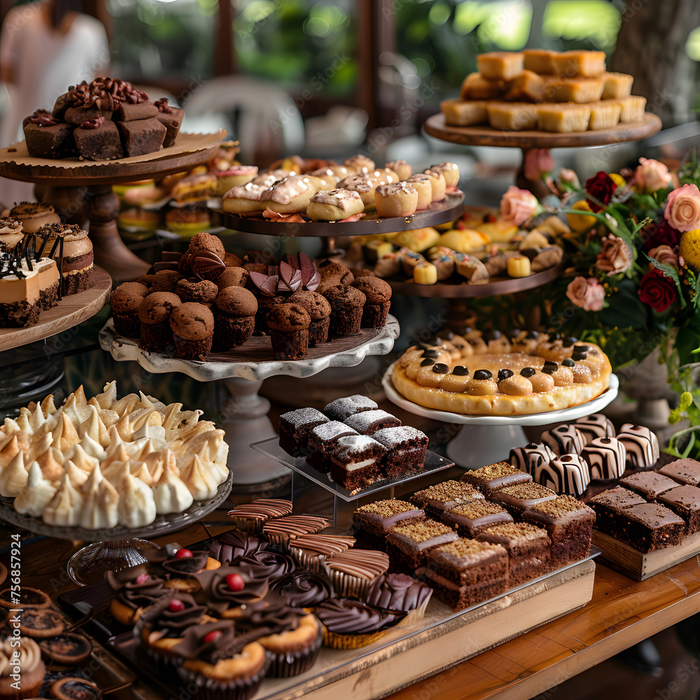 Various desserts displayed, including baked goods and sweet treats
