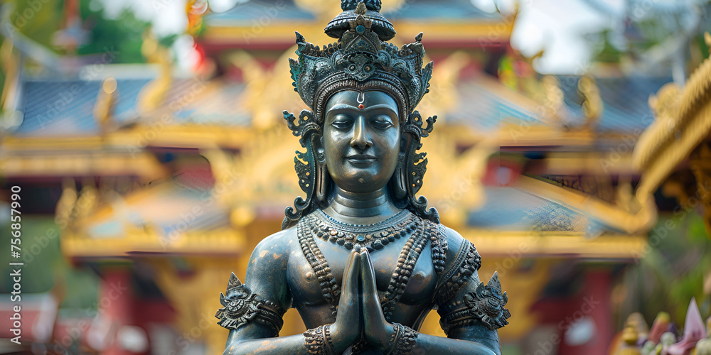close-up of the statue of a deity in Hindu temple Meditating statue symbolizes spirituality, harmony, and ancient East Asian culture.
