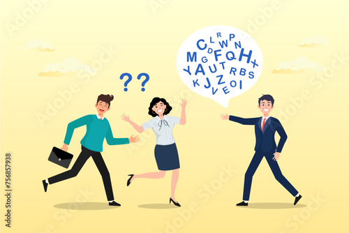 Businessman talk with jargon word in speech bubble dialog make other confused, communicate with technical word or hard to understand language, complicated conversation, difficult to explain (Vector)