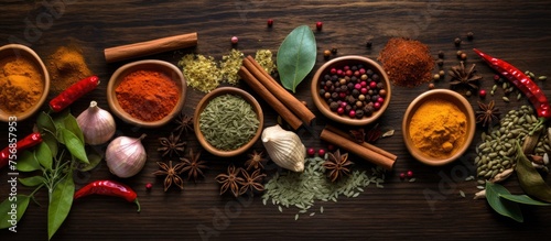 A variety of spices and herbs beautifully displayed in bowls on a rustic wooden table, enhancing the cuisine experience with vibrant colors and enticing aromas