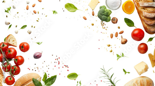 A creative top view of various food ingredients such as bread, tomatoes, and garlic, isolated on white