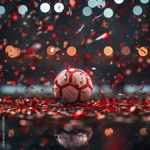 A close-up of a soccer ball on the ground with the stadium lights and confetti around it