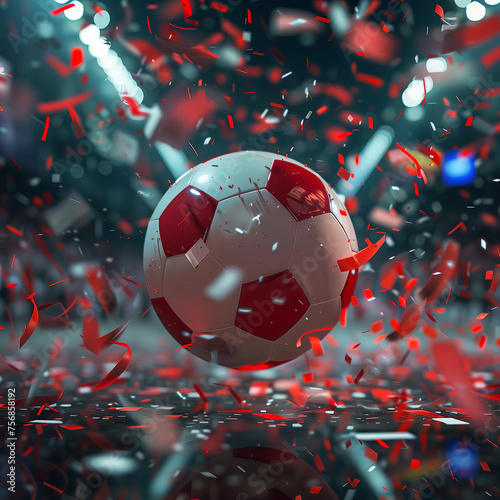 A close-up of soccer ball with the stadium lights and confetti