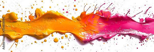 A vibrant yellow and pink paint splatter chaos on a white canvas.