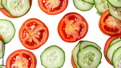 Tomato and cucumber slices neatly arranged with colored semi-transparent blocks on a white background
