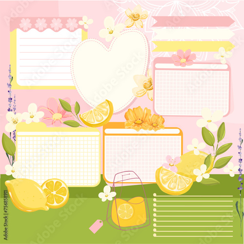 Daily reminder note stickers with lemon flowers green leaf girls diary pink lemonade citrus juice, empty blank design 