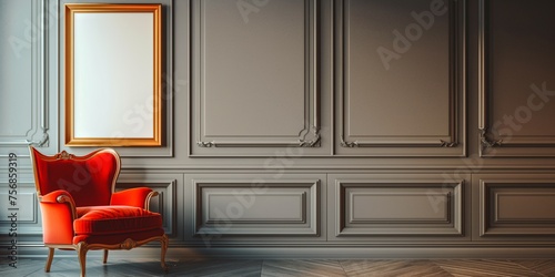 Traditional armchair close to paneling wall with copy space and an empty poster frame. Mid-century living room interior design.