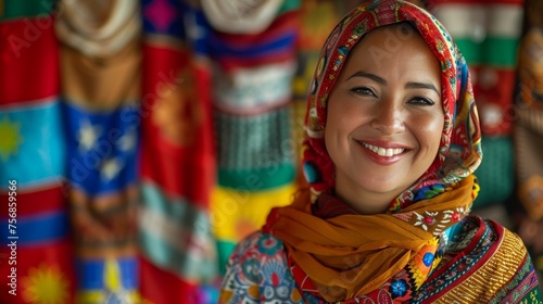 A woman in traditional clothing smiles proudly, celebrating her heritage and the strength of women worldwide