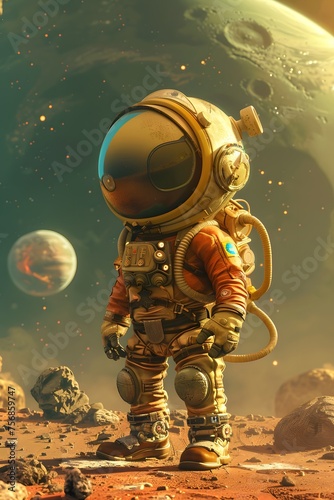 Stylized cartoon astronaut, exaggerated big head, long body, standing on a foreign planet surface.