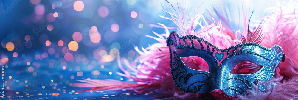 Carnival mask with feathers on bokeh background, closeup