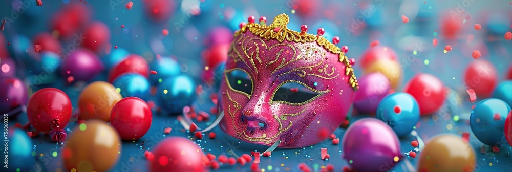 Mardi gras mask with balloons and confetti. 3d illustration