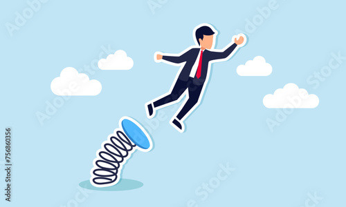 Boosting business growth, career advancement, or job promotion to higher positions fosters improvement concept, confidence businessman leader jumping springboard up high in the sky.