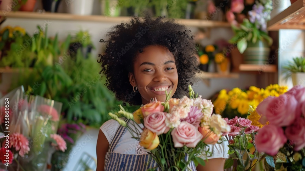 African American Female florist smile arranging flowers in floral shop. Flower design store. happiness smiling young lady making flower vase for customers, preparing flower work from home business