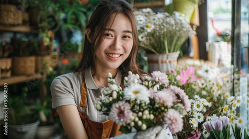 Female florist smile arranging flowers in floral shop. Flower design store. happiness smiling young lady making flower vase for customers, preparing flower work from home business.Small business. © kamonrat