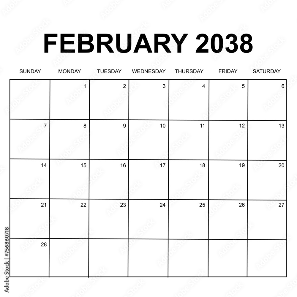 february 2038. monthly calendar design. week starts on sunday. printable, simple, and clean vector design isolated on white background. - obrazy, fototapety, plakaty 