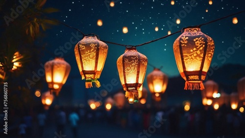 Visualize small sky lanterns gracefully ascending into the beautiful night sky during Ramadan, their soft glow adding a touch of magic and serenity to the festive atmosphere.