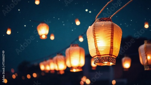 Small sky lanterns flying on beautiful ramadan night photo