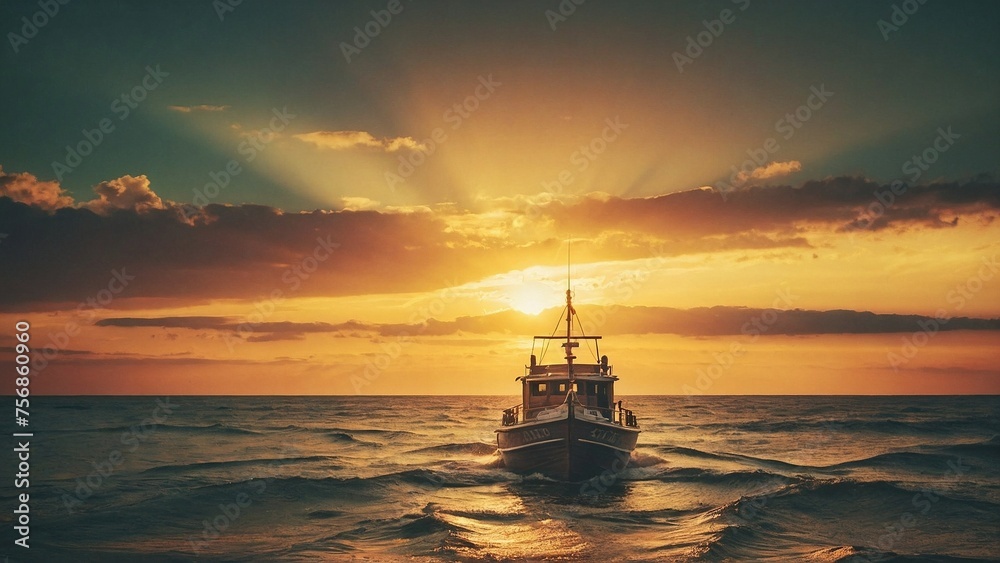 A cinematic image of a boat travelling in sea at sunet A cinematic image of a boat travelling in sea at sunet