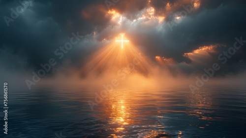 The Easter Religious background with the Christian Cross The Stairway to heaven is a spiritual concept, the stairway to the light of spiritual fantasy, the Dundar effect, the light of Jesus photo