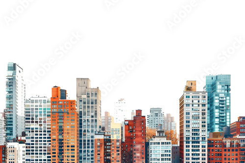A collection of tall buildings photographed from afar, PNG file