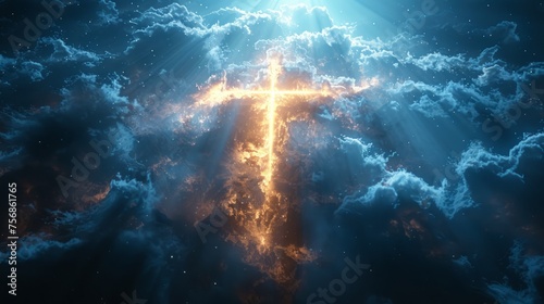 The Easter Religious background with the Christian Cross The Stairway to heaven is a spiritual concept, the stairway to the light of spiritual fantasy, the Dundar effect, the light of Jesus photo