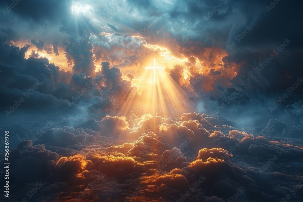 The Easter Religious background with the Christian Cross The Stairway to heaven is a spiritual concept, the stairway to the light of spiritual fantasy, the Dundar effect, the light of Jesus - obrazy, fototapety, plakaty 