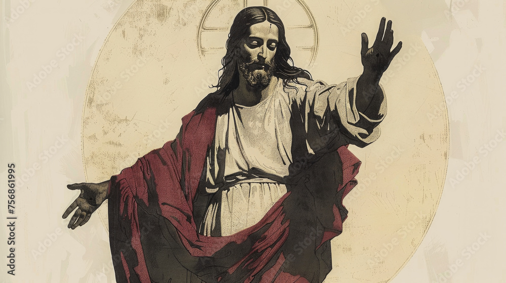 Jesus Christ. Christian illustration. Vintage style. Retro. Digital art.
