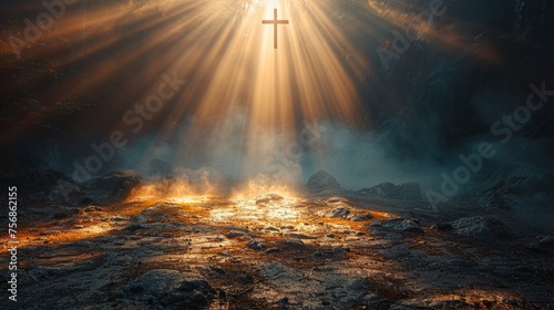 The Easter Religious background with the Christian Cross The Stairway to heaven is a spiritual concept, the stairway to the light of spiritual fantasy, the Dundar effect, the light of Jesus photo