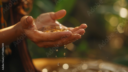 In the second image we see a closeup of a womans hands as she massages a mixture of herbal oils onto her arms. The oils are a blend of herbs traditionally used in medicine photo