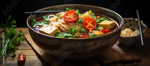 A bowl of soup featuring noodles, tofu, tomatoes, and chopsticks placed on a wooden table. This dish incorporates staple foods and ingredients commonly found in Asian cuisine