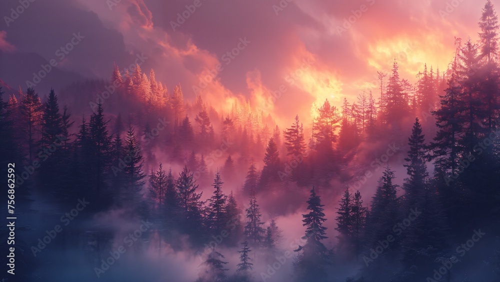 Forest at dawn, the mist and light creating an ethereal, tranquil wallpaper - obrazy, fototapety, plakaty 