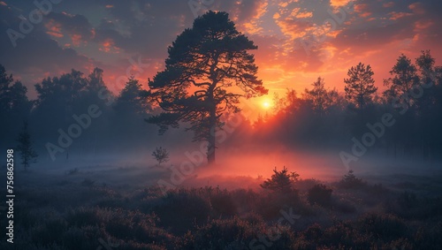 Forest at dawn, the mist and light creating an ethereal, tranquil wallpaper