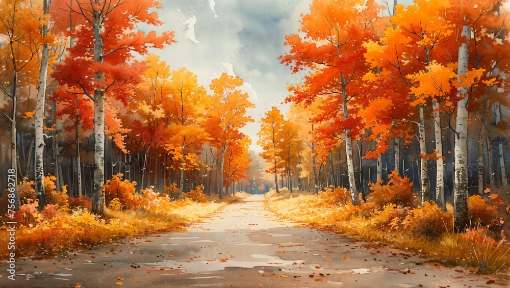 Autumn forest scene in watercolor, capturing the essence of the season