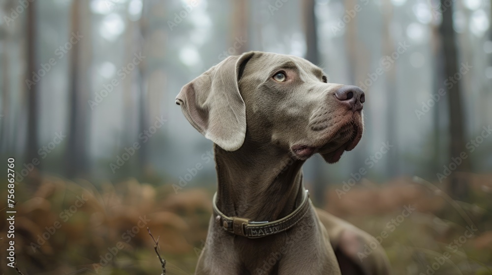Serene Weimaraner Dog Gazing into the Distance in Misty Woodland Setting, Portrait of a Loyal Pet in Nature