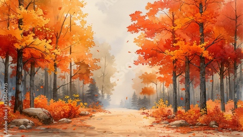 Autumn forest scene in watercolor, capturing the essence of the season