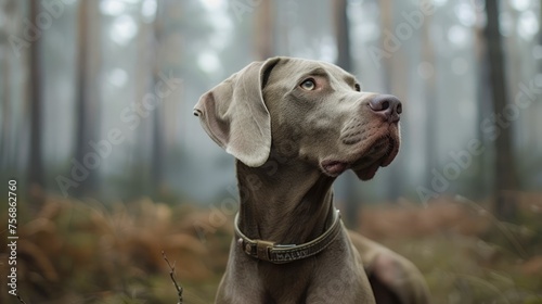 Serene Weimaraner Dog Gazing into the Distance in Misty Woodland Setting, Portrait of a Loyal Pet in Nature photo