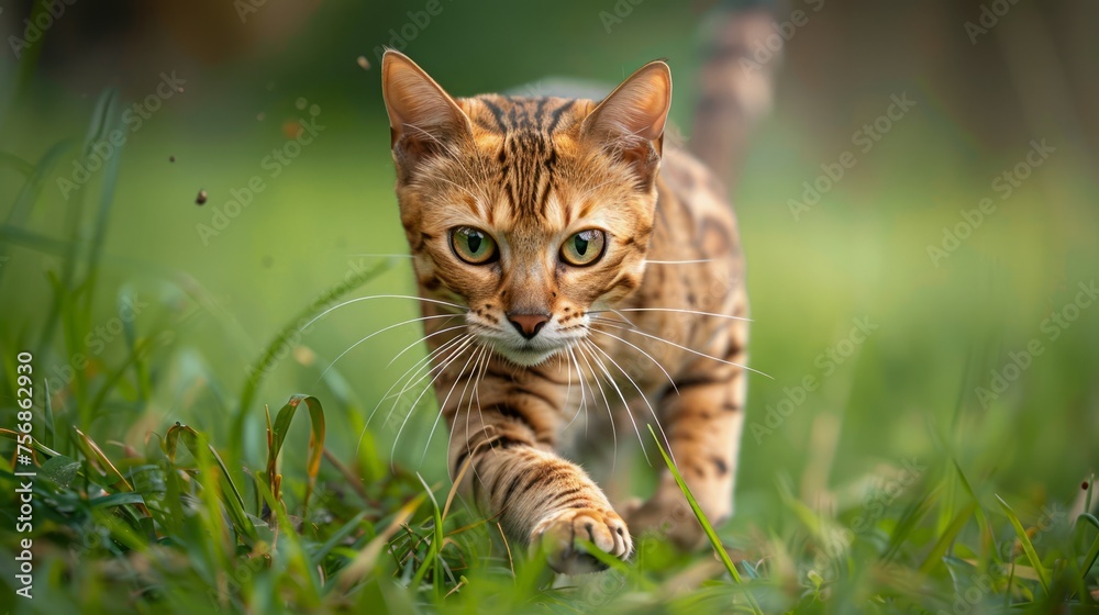 Young Bengal Cat Prowling Through Green Grass with Intense Gaze, Nature Pet Photography in Vibrant Outdoor Setting