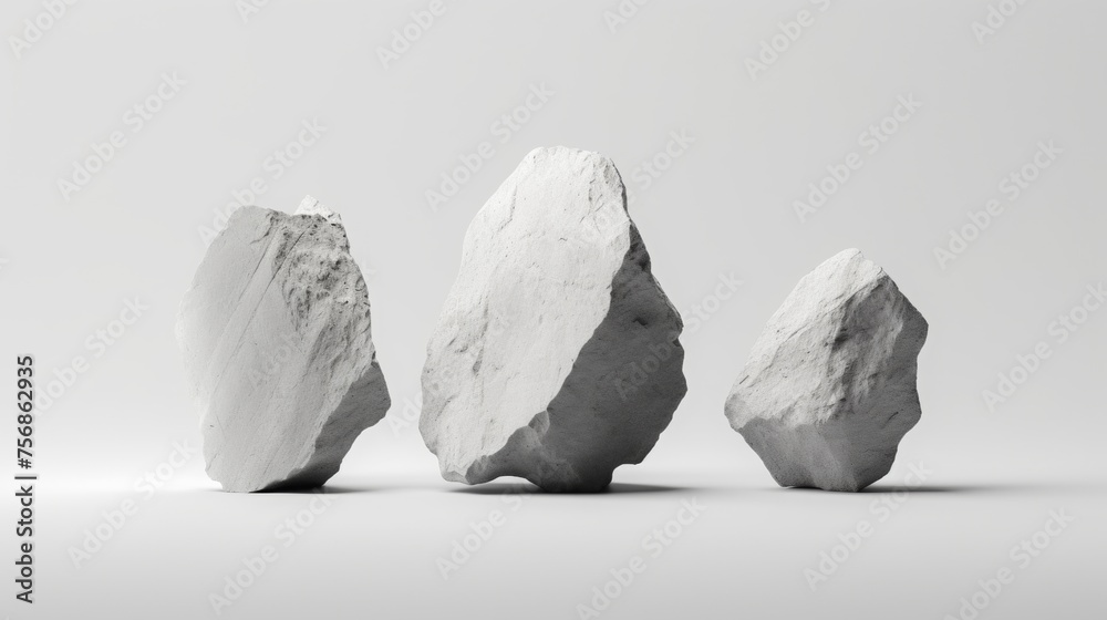 A solid white background. Three huge stones with a rough, crushed surface floating in the center of the screen, minimalism, hyperrealistic, 