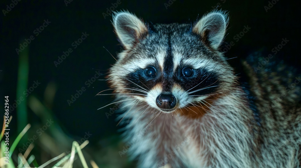Close-Up Portrait of a Curious Raccoon with Striking Eyes in a Natural Dark Habitat at Night
