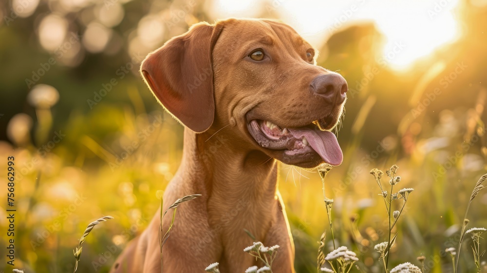 Smiling Vizsla Dog Enjoying Sunset in the Fields - Warm Golden Hour Light on a Happy Canine Friend Surrounded by Nature