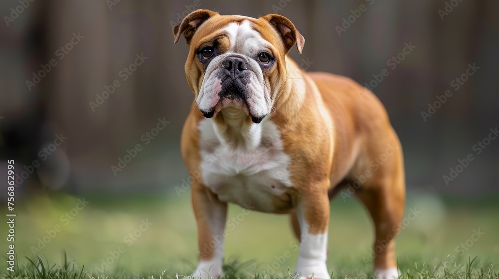 Adorable English Bulldog Standing Outdoors on Green Grass with Blurred Background, Purebred Canine Portrait, Pet Photography Adorable English Bulldog Standing Outdoors on Green Grass with Blurred Background, Purebred Canine Portrait, Pet Photography