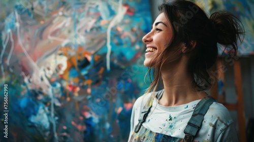 A woman with paint splattered overalls smiles contentedly as she admires her latest abstract artwork 